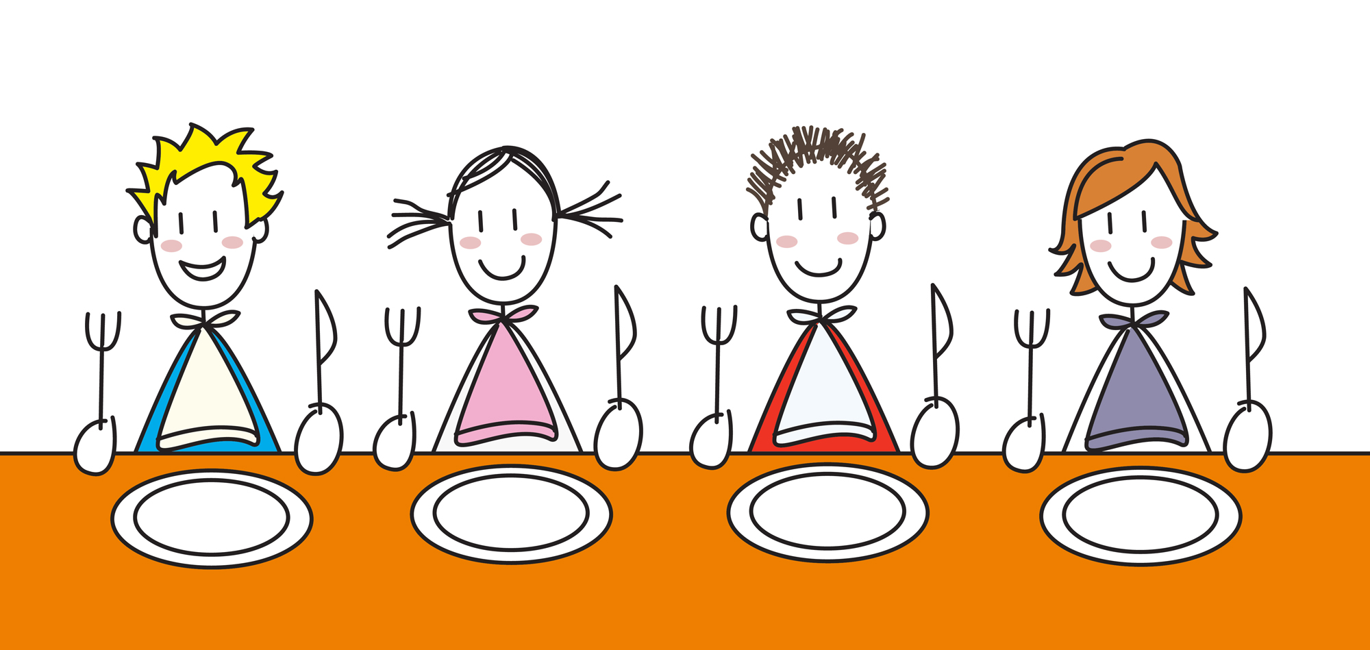 quattro bambini seduti a tavola, disegnati in uno stile semplice e colorato.
