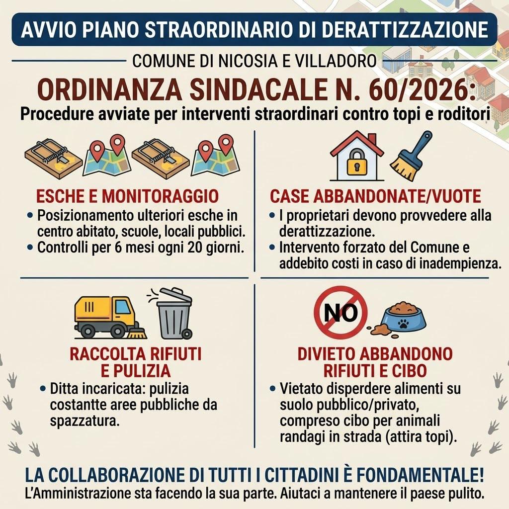 locandina informativa del Comune di Nicosia e Villadoro relativa all’Ordinanza Sindacale n. 60/2026, che annuncia l’avvio di un piano straordinario di derattizzazione contro topi e roditori.